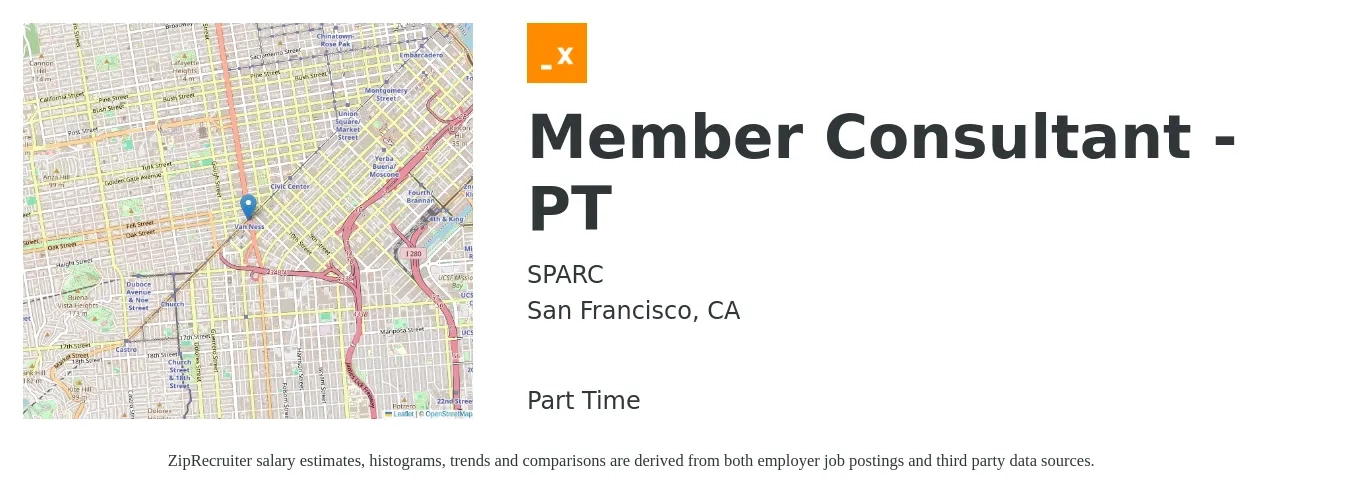 SPARC job posting for a Member Consultant - PT in San Francisco, CA with a salary of $15 to $23 Hourly with a map of San Francisco location.