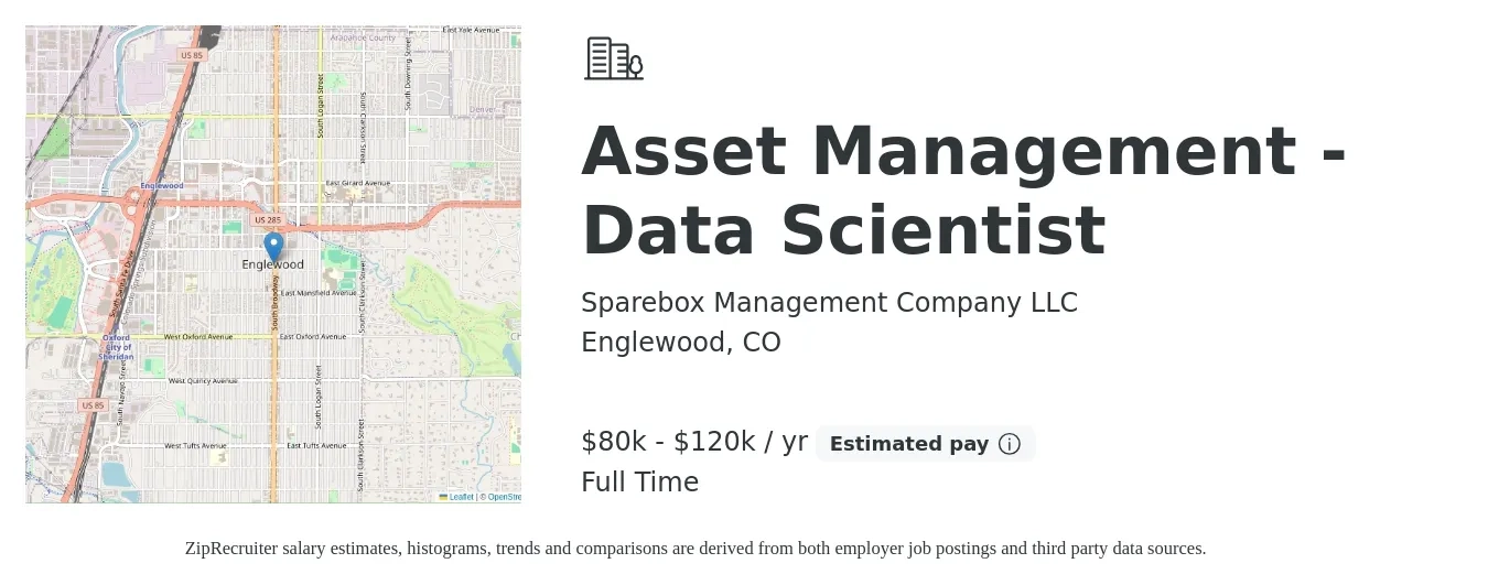 Sparebox Management Company LLC job posting for a Asset Management - Data Scientist in Englewood, CO with a salary of $80,000 to $120,000 Yearly with a map of Englewood location.