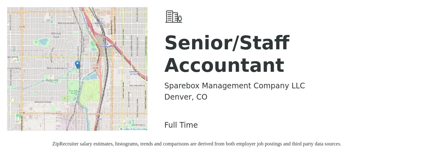 Sparebox Management Company LLC job posting for a Senior/Staff Accountant in Denver, CO with a salary of $71,500 to $88,000 Yearly with a map of Denver location.