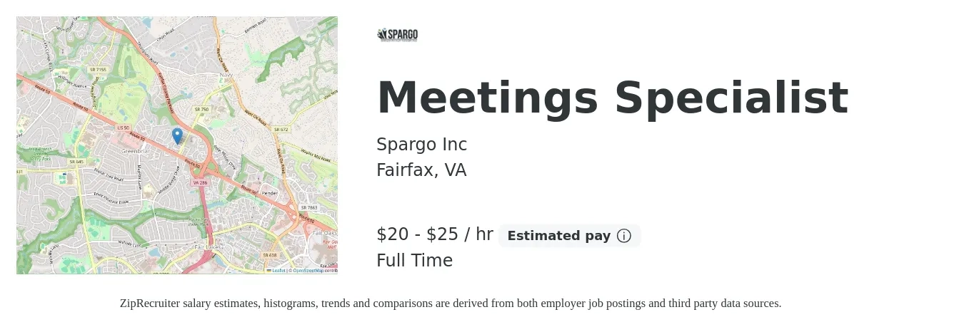 Spargo Inc job posting for a Meetings Specialist in Fairfax, VA with a salary of $21 to $27 Hourly with a map of Fairfax location.