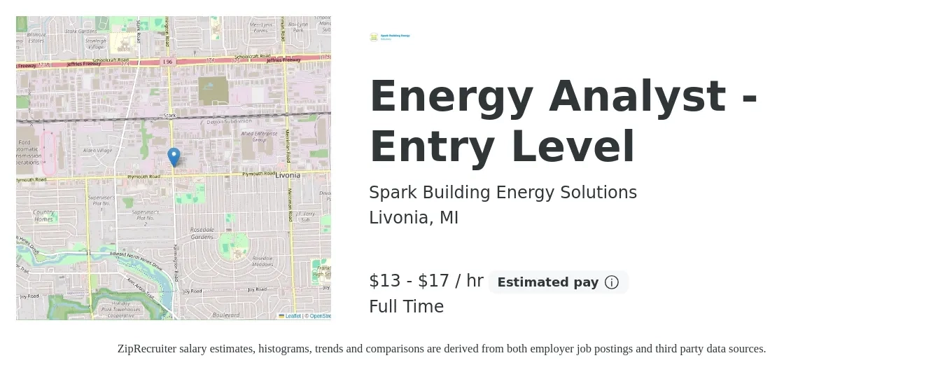 Spark Building Energy Solutions job posting for a Energy Analyst - Entry Level in Livonia, MI with a salary of $14 to $18 Hourly with a map of Livonia location.