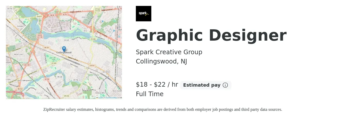 Spark Creative Group job posting for a Graphic Designer in Collingswood, NJ with a salary of $19 to $23 Hourly with a map of Collingswood location.