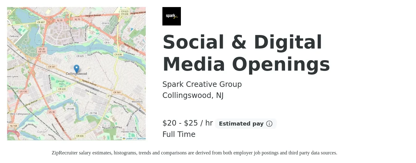 Spark Creative Group job posting for a Social & Digital Media Openings in Collingswood, NJ with a salary of $21 to $26 Hourly with a map of Collingswood location.