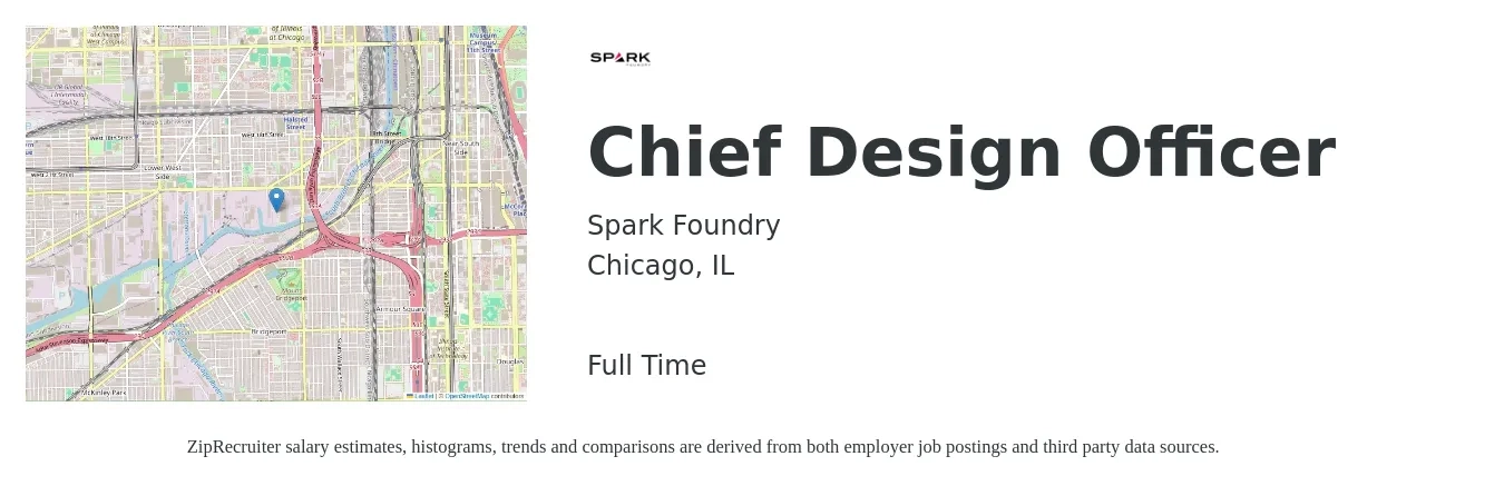 Spark Foundry job posting for a Chief Design Officer in Chicago, IL with a salary of $138,100 to $234,000 Yearly with a map of Chicago location.