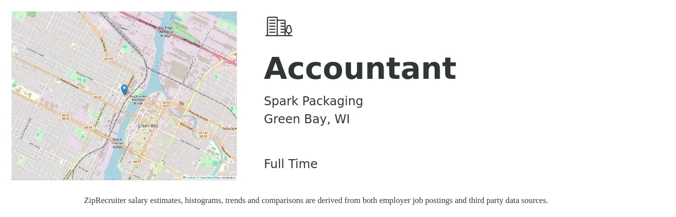 Spark Packaging job posting for a Accountant in Green Bay, WI with a salary of $52,000 to $76,400 Yearly with a map of Green Bay location.