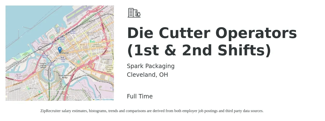 Spark Packaging job posting for a Die Cutter Operators (1st & 2nd Shifts) in Cleveland, OH with a salary of $18 to $23 Hourly with a map of Cleveland location.