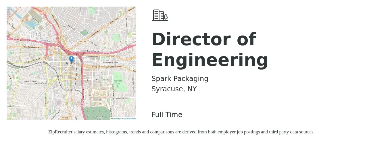 Spark Packaging job posting for a Director of Engineering in Syracuse, NY with a salary of $139,800 to $250,000 Yearly with a map of Syracuse location.