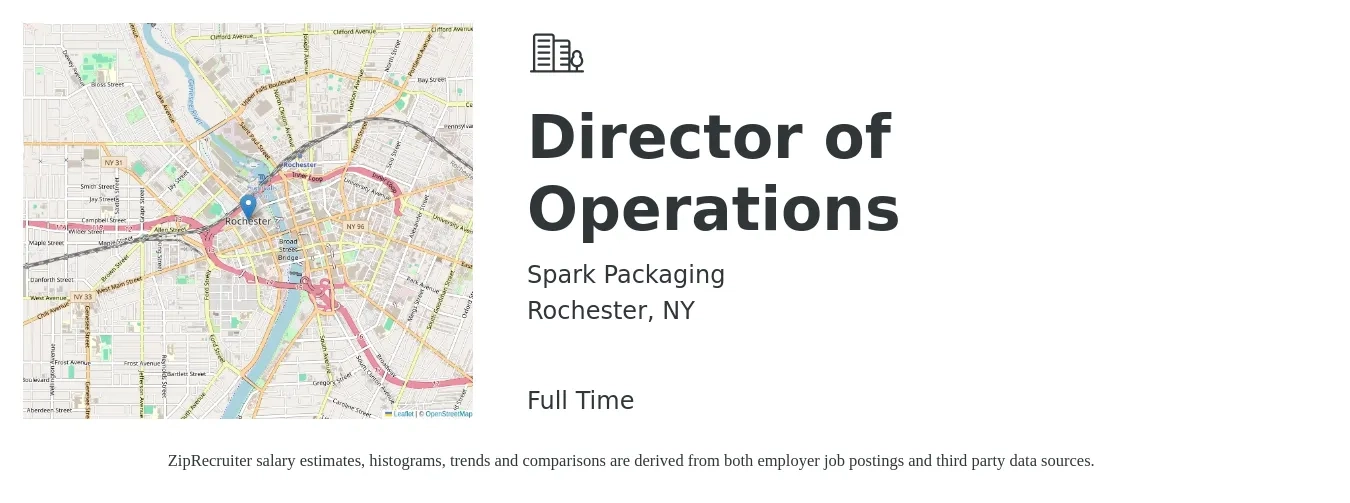 Spark Packaging job posting for a Director of Operations in Rochester, NY with a salary of $74,500 to $133,700 Yearly with a map of Rochester location.