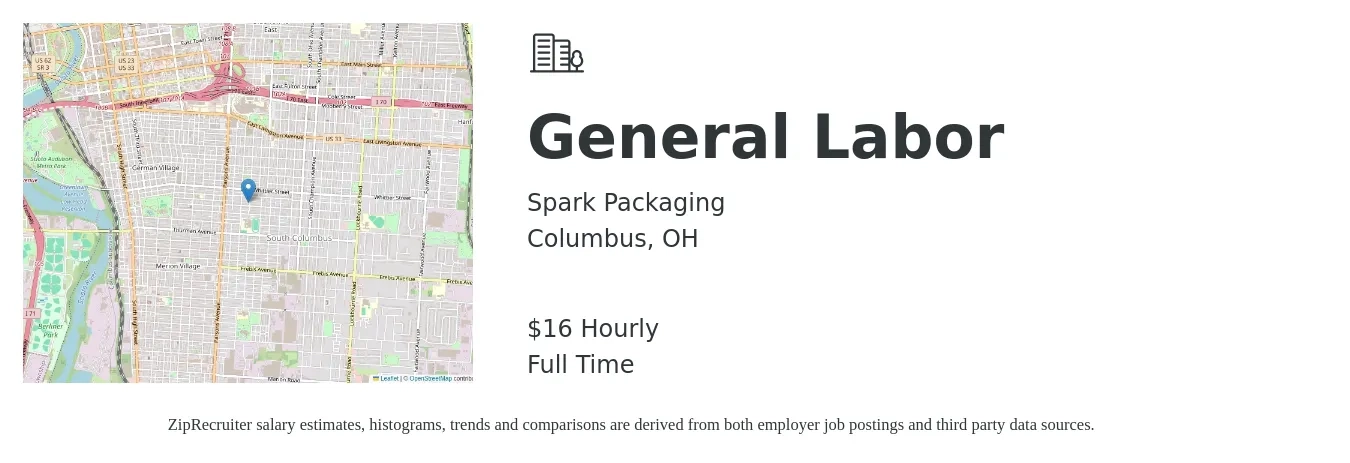 Spark Packaging job posting for a General Labor in Columbus, OH with a salary of $18 Hourly with a map of Columbus location.