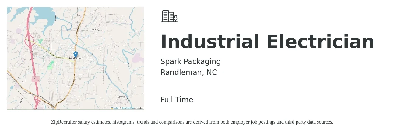 Spark Packaging job posting for a Industrial Electrician in Randleman, NC with a salary of $24 to $32 Hourly with a map of Randleman location.
