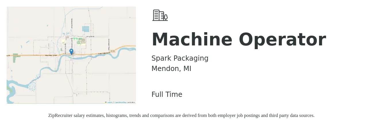 Spark Packaging job posting for a Machine Operator in Mendon, MI with a salary of $15 to $18 Hourly with a map of Mendon location.
