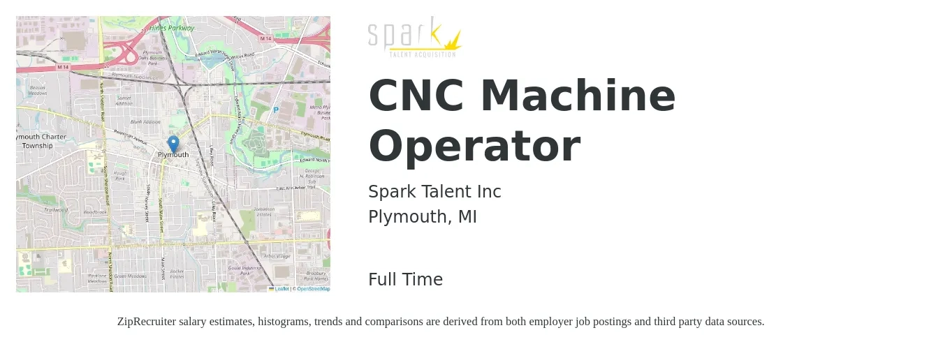 Spark Talent Inc job posting for a CNC Machine Operator in Plymouth, MI with a salary of $20 to $27 Hourly with a map of Plymouth location.