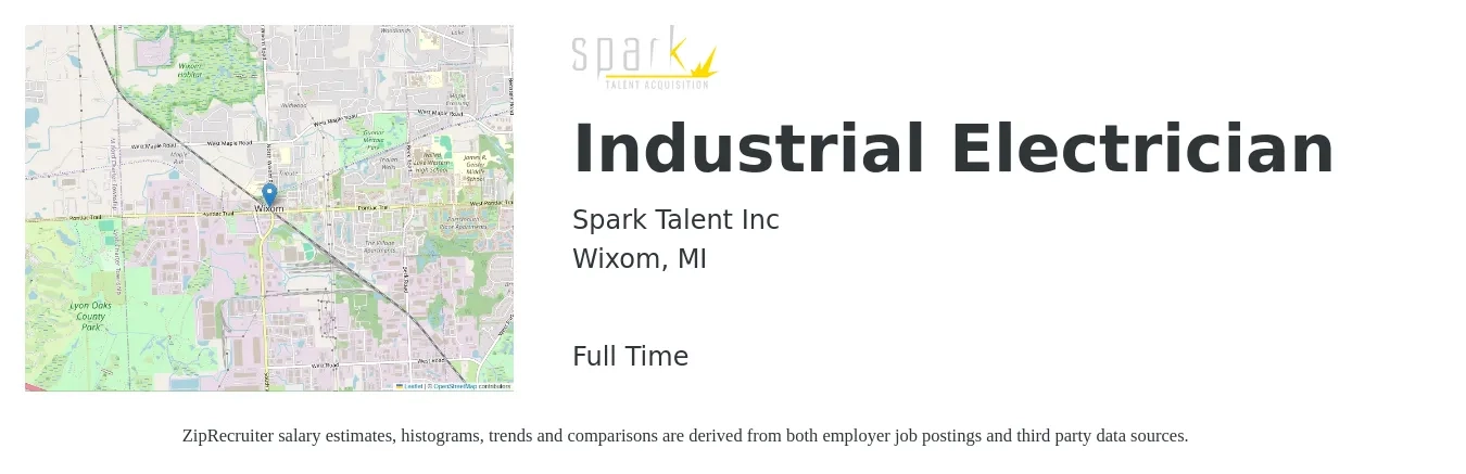 Spark Talent Inc job posting for a Industrial Electrician in Wixom, MI with a salary of $26 to $33 Hourly with a map of Wixom location.