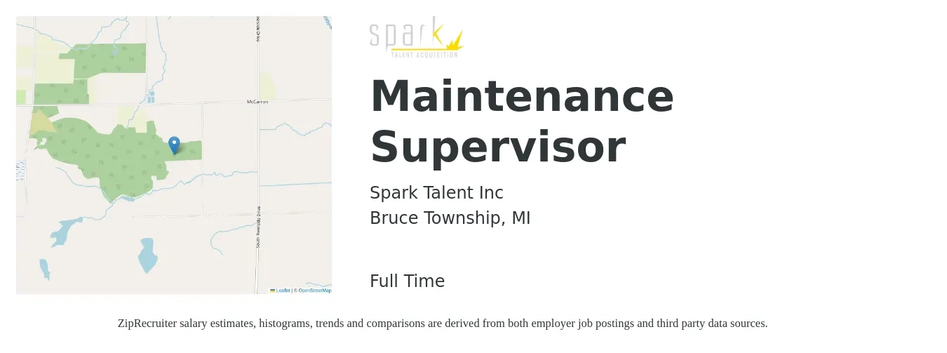 Spark Talent Inc job posting for a Maintenance Supervisor in Bruce Township, MI with a salary of $21 to $34 Hourly with a map of Bruce Township location.