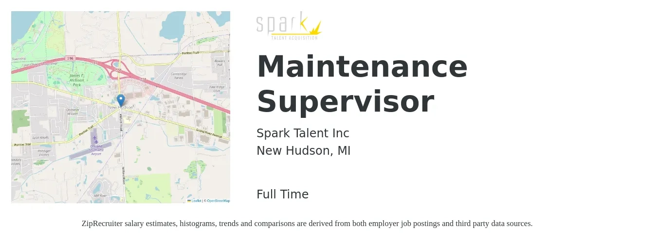 Spark Talent Inc job posting for a Maintenance Supervisor in New Hudson, MI with a salary of $24 to $40 Hourly with a map of New Hudson location.