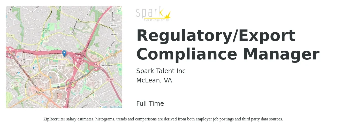 Spark Talent Inc job posting for a Regulatory/Export Compliance Manager in McLean, VA with a salary of $70,800 to $116,200 Yearly with a map of McLean location.
