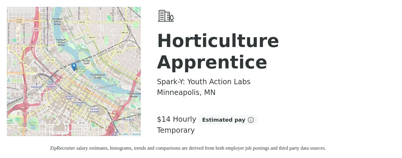 Spark-Y: Youth Action Labs job posting for a Horticulture Apprentice in Minneapolis, MN with a salary of $15 Hourly with a map of Minneapolis location.
