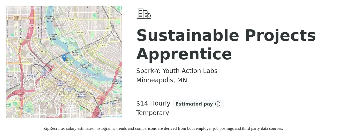 Spark-Y: Youth Action Labs job posting for a Sustainable Projects Apprentice in Minneapolis, MN with a salary of $15 Hourly with a map of Minneapolis location.