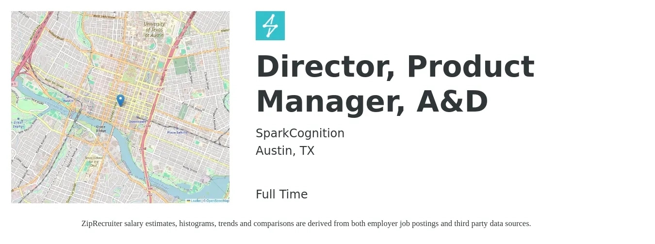 SparkCognition job posting for a Director, Product Manager, A&D in Austin, TX with a salary of $231,000 to $241,900 Yearly with a map of Austin location.