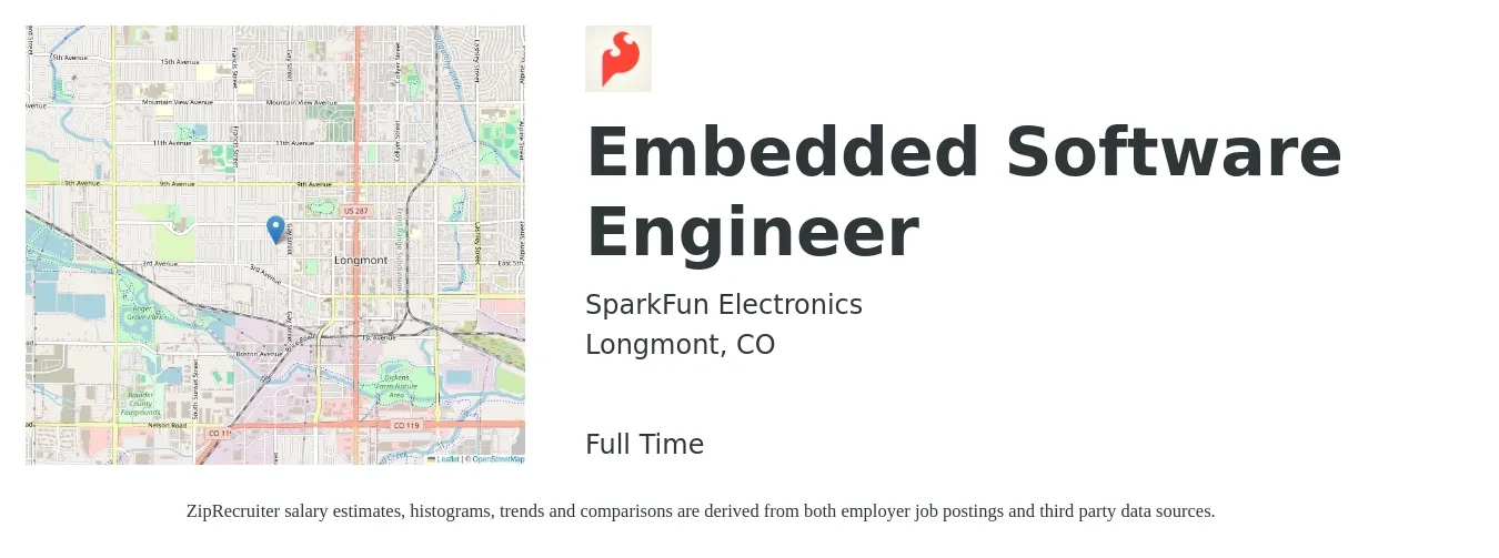 SparkFun Electronics job posting for a Embedded Software Engineer in Longmont, CO with a salary of $130,000 to $171,000 Yearly with a map of Longmont location.