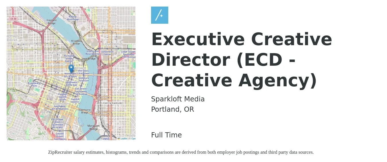 Sparkloft Media job posting for a Executive Creative Director (ECD - Creative Agency) in Portland, OR with a salary of $53,000 to $124,000 Yearly with a map of Portland location.
