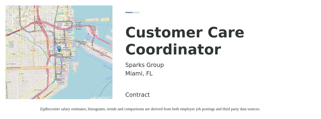 Sparks Group job posting for a Customer Care Coordinator in Miami, FL with a salary of $17 to $22 Hourly with a map of Miami location.