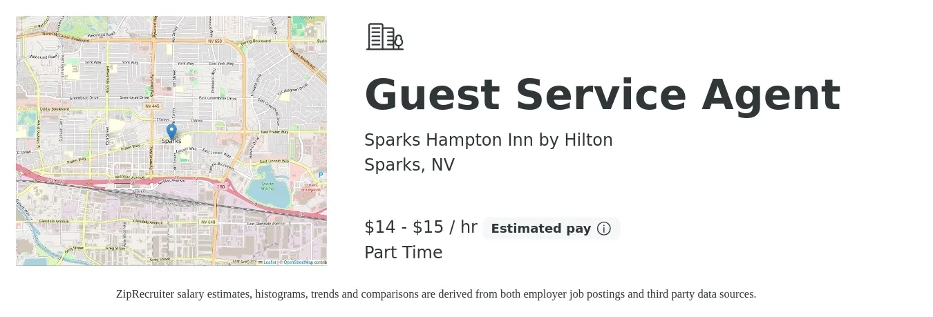 Sparks Hampton Inn by Hilton job posting for a Guest Service Agent in Sparks, NV with a salary of $15 to $16 Hourly with a map of Sparks location.