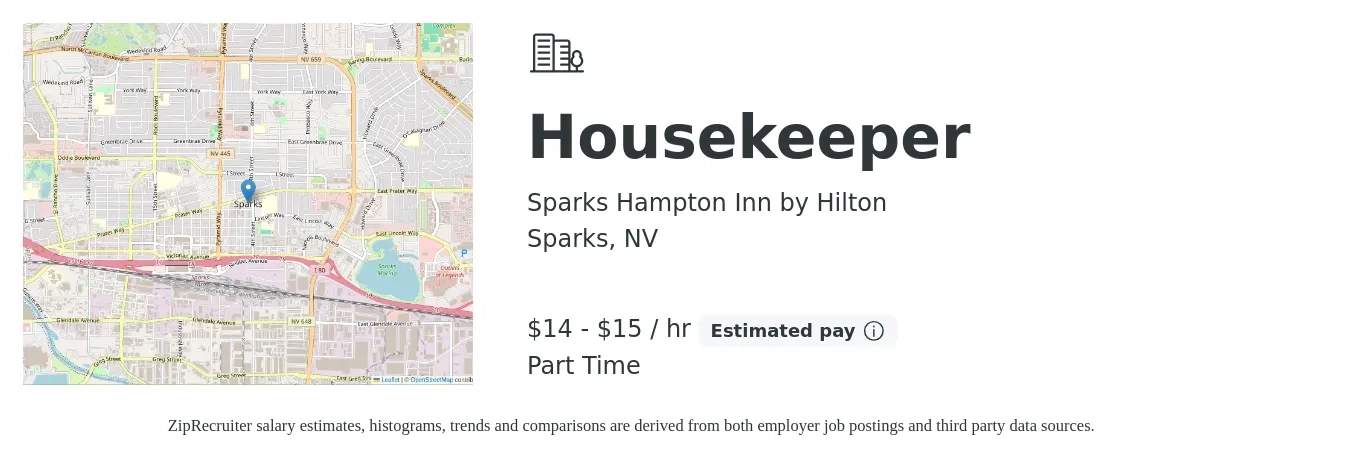 Sparks Hampton Inn by Hilton job posting for a Housekeeper in Sparks, NV with a salary of $15 to $16 Hourly with a map of Sparks location.