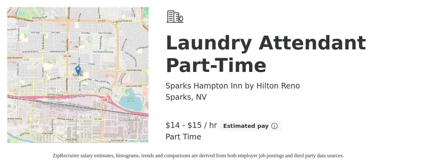 Sparks Hampton Inn by Hilton Reno job posting for a Laundry Attendant Part-Time in Sparks, NV with a salary of $15 to $16 Hourly with a map of Sparks location.
