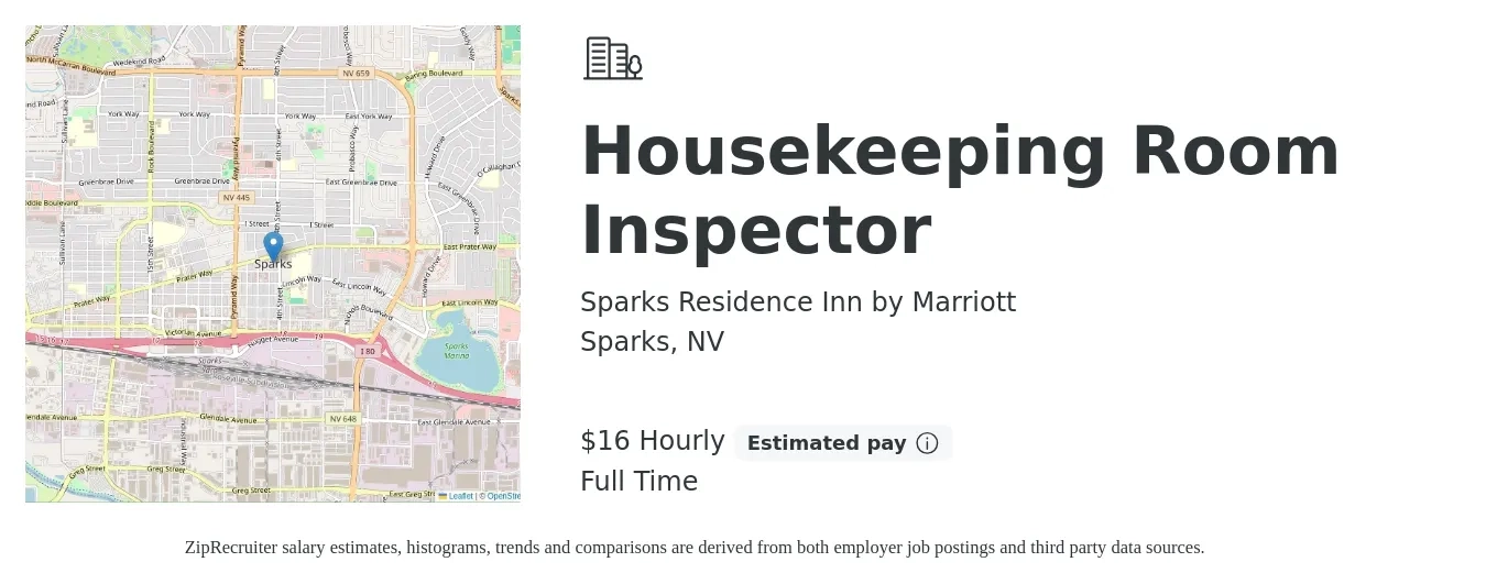 Sparks Residence Inn by Marriott job posting for a Housekeeping Room Inspector in Sparks, NV with a salary of $17 Hourly with a map of Sparks location.