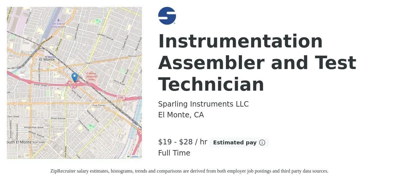 Sparling Instruments LLC job posting for a Instrumentation Assembler and Test Technician in El Monte, CA with a salary of $20 to $30 Hourly with a map of El Monte location.