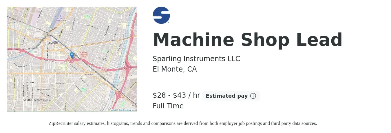 Sparling Instruments LLC job posting for a Machine Shop Lead in El Monte, CA with a salary of $30 to $45 Hourly with a map of El Monte location.