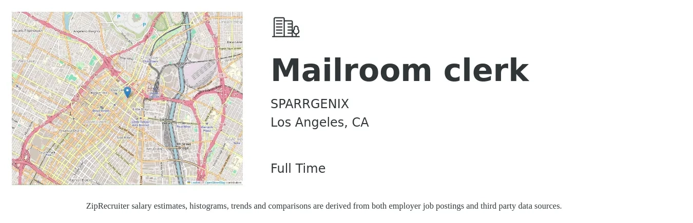 SPARRGENIX job posting for a Mailroom clerk in Los Angeles, CA with a salary of $17 to $21 Hourly with a map of Los Angeles location.