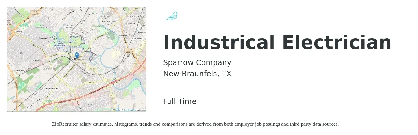 Sparrow Company job posting for a Industrical Electrician in New Braunfels, TX with a salary of $24 to $31 Hourly with a map of New Braunfels location.