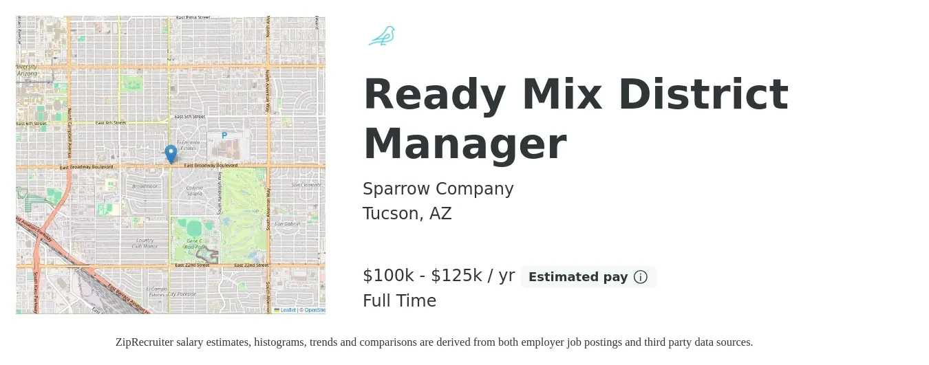 Sparrow Company job posting for a Ready Mix District Manager in Tucson, AZ with a salary of $59,900 to $85,400 Yearly with a map of Tucson location.