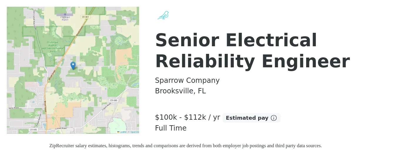 Sparrow Company job posting for a Senior Electrical Reliability Engineer in Brooksville, FL with a salary of $45 to $65 Hourly with a map of Brooksville location.