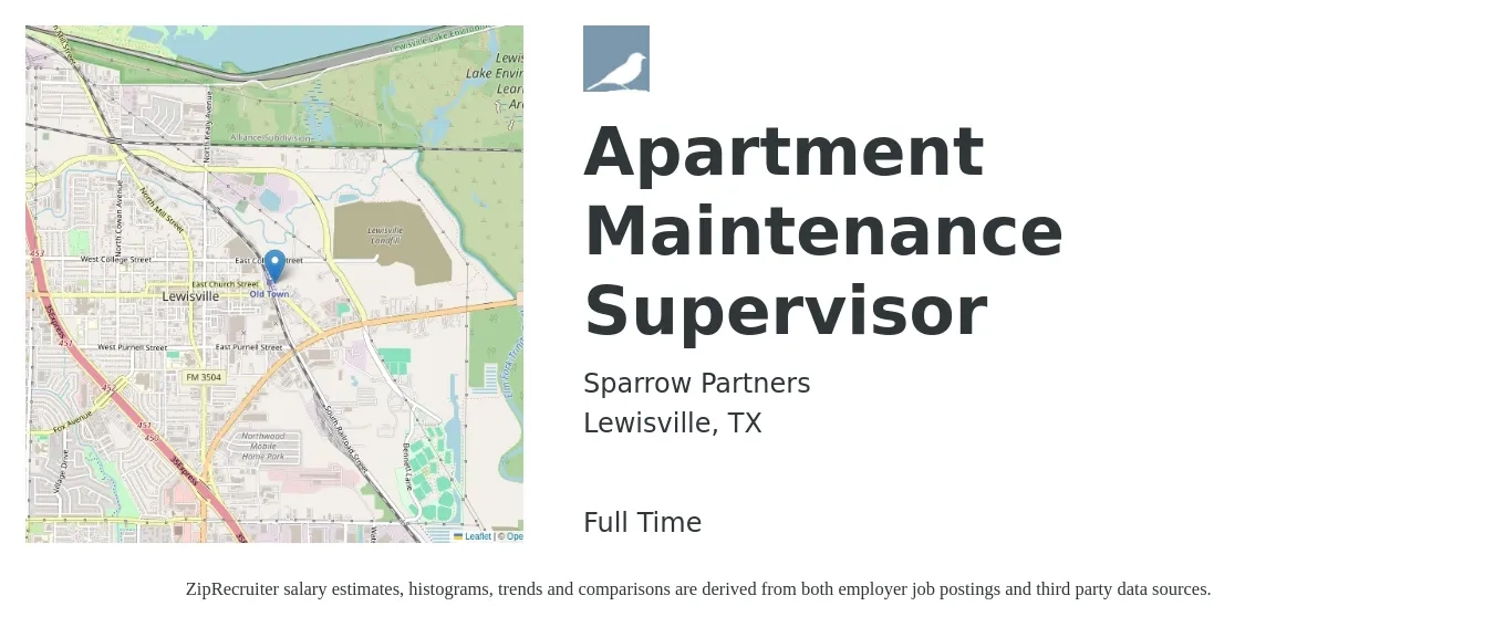 Sparrow Partners job posting for a Apartment Maintenance Supervisor in Lewisville, TX with a salary of $21 to $26 Hourly with a map of Lewisville location.