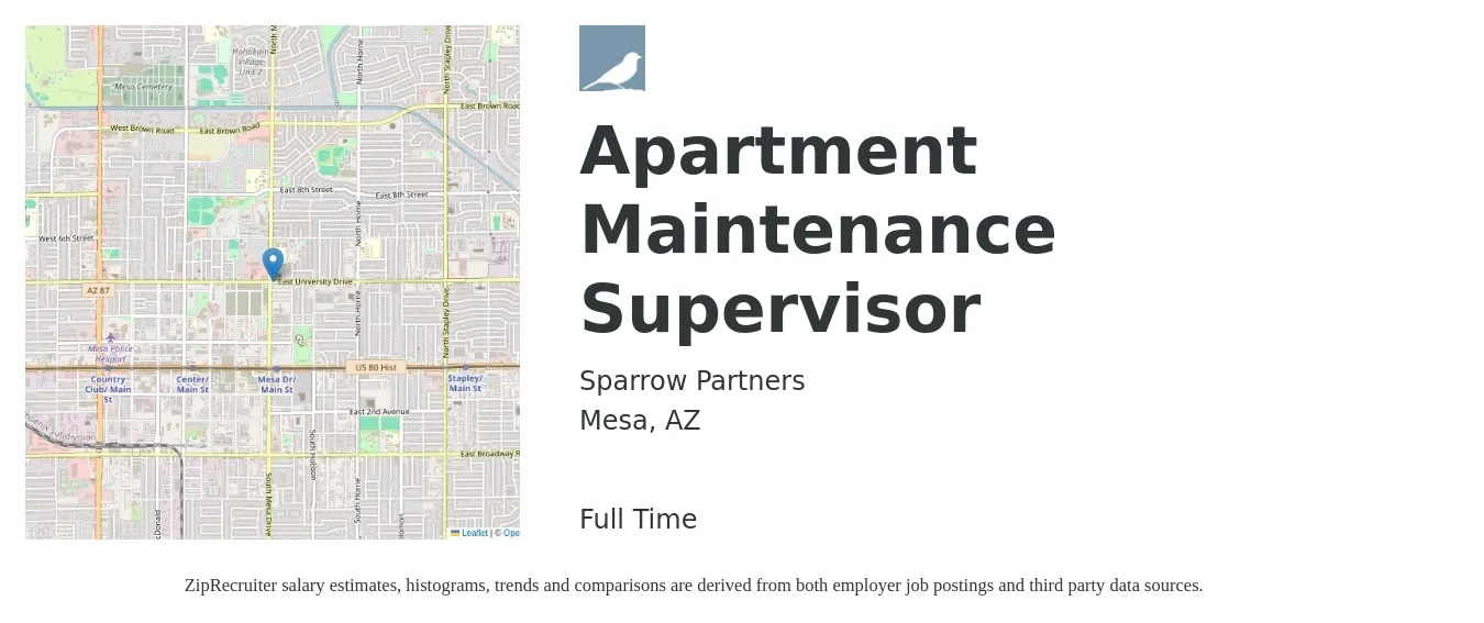 Sparrow Partners job posting for a Apartment Maintenance Supervisor in Mesa, AZ with a salary of $22 to $28 Hourly with a map of Mesa location.