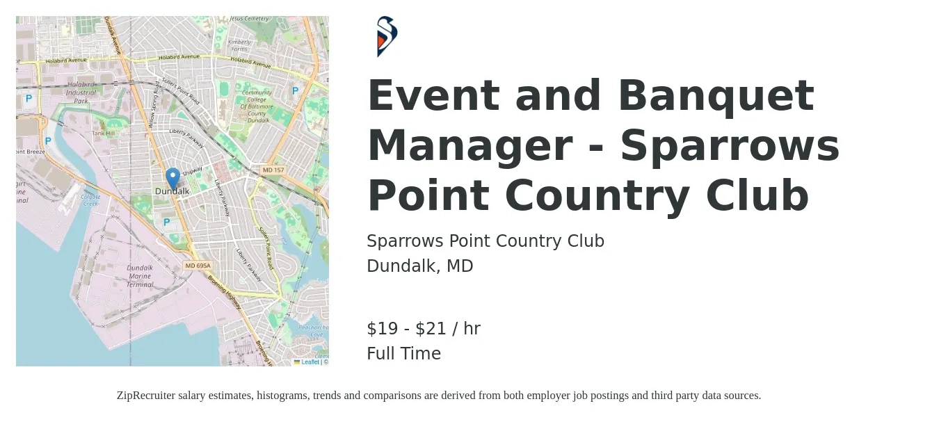 Sparrows Point Country Club job posting for a Event and Banquet Manager - Sparrows Point Country Club in Dundalk, MD with a salary of $20 to $22 Hourly with a map of Dundalk location.
