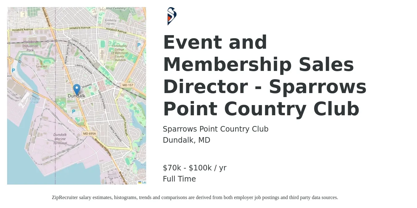 Sparrows Point Country Club job posting for a Event and Membership Sales Director - Sparrows Point Country Club in Dundalk, MD with a salary of $70,000 Yearly with a map of Dundalk location.