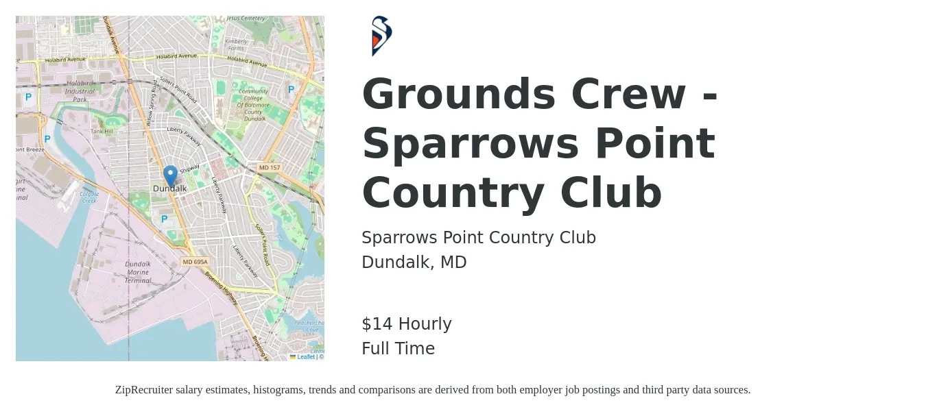 Sparrows Point Country Club job posting for a Grounds Crew - Sparrows Point Country Club in Dundalk, MD with a salary of $15 Hourly with a map of Dundalk location.