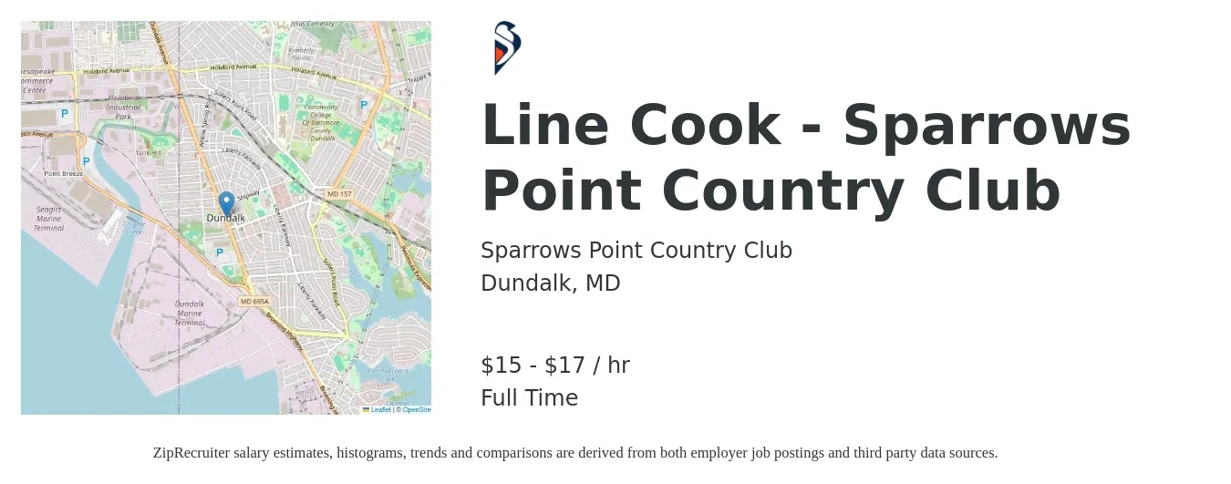 Sparrows Point Country Club job posting for a Line Cook - Sparrows Point Country Club in Dundalk, MD with a salary of $16 to $18 Hourly with a map of Dundalk location.