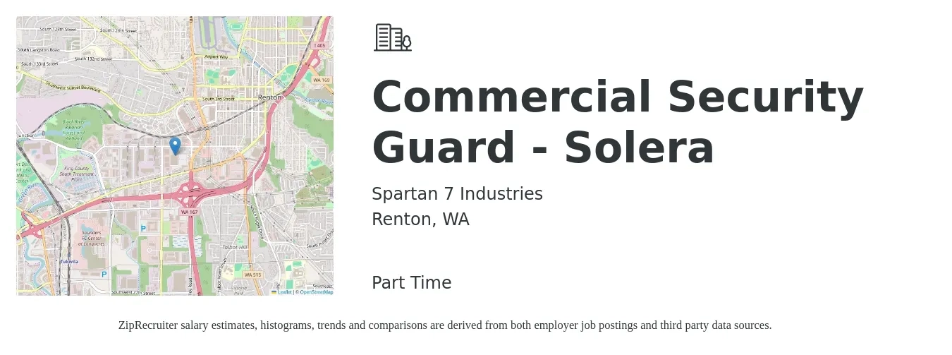 Spartan 7 Industries job posting for a Commercial Security Guard - Solera in Renton, WA with a salary of $26 Hourly with a map of Renton location.