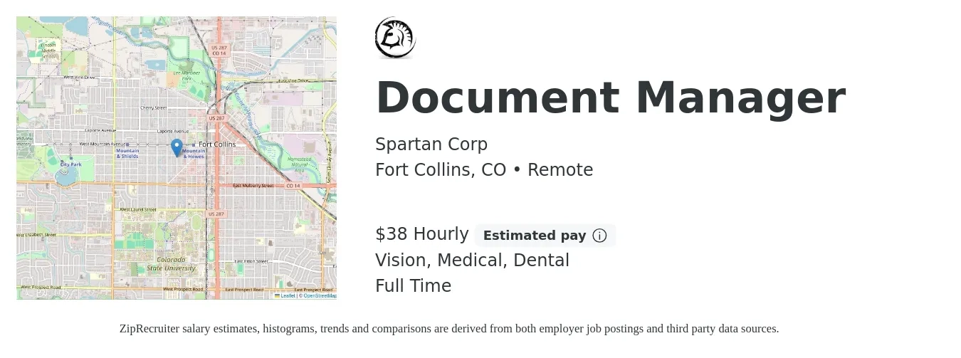 Spartan Corp job posting for a Document Manager in Fort Collins, CO with a salary of $40 Hourly and benefits including dental, medical, retirement, and vision with a map of Fort Collins location.