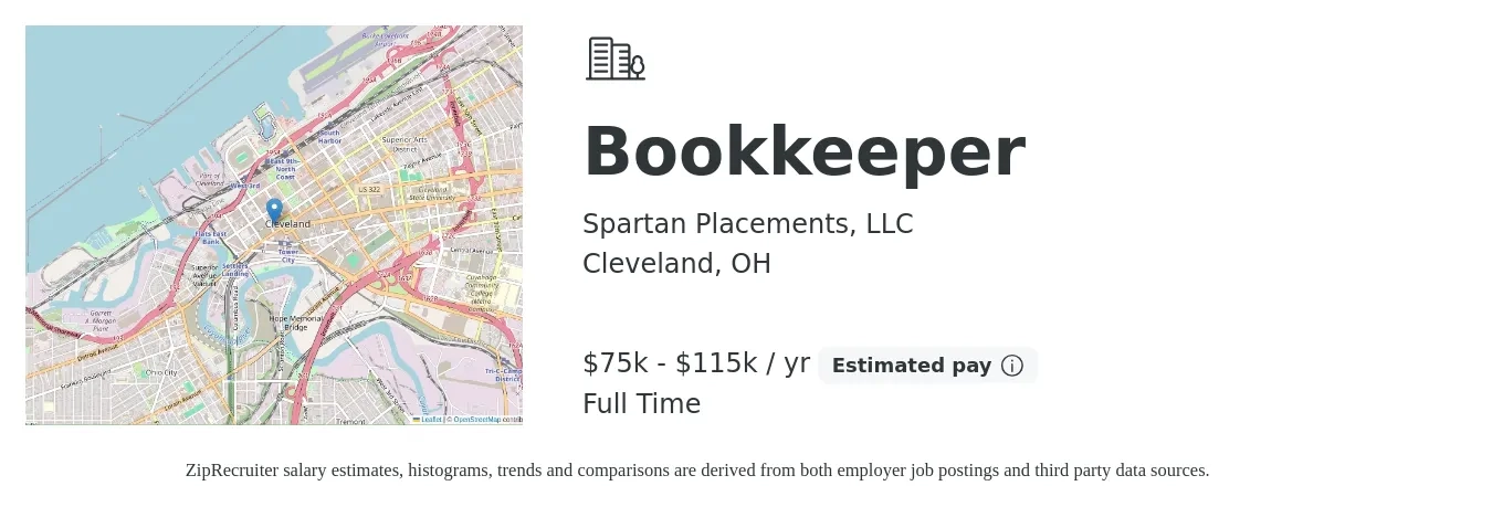 Spartan Placements, LLC job posting for a Bookkeeper in Cleveland, OH with a salary of $75,000 to $115,000 Yearly with a map of Cleveland location.
