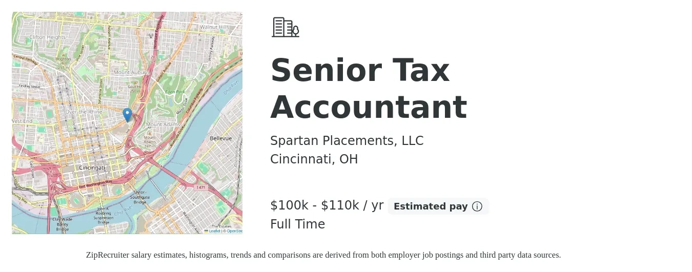 Spartan Placements, LLC job posting for a Senior Tax Accountant in Cincinnati, OH with a salary of $100,000 to $110,000 Yearly with a map of Cincinnati location.