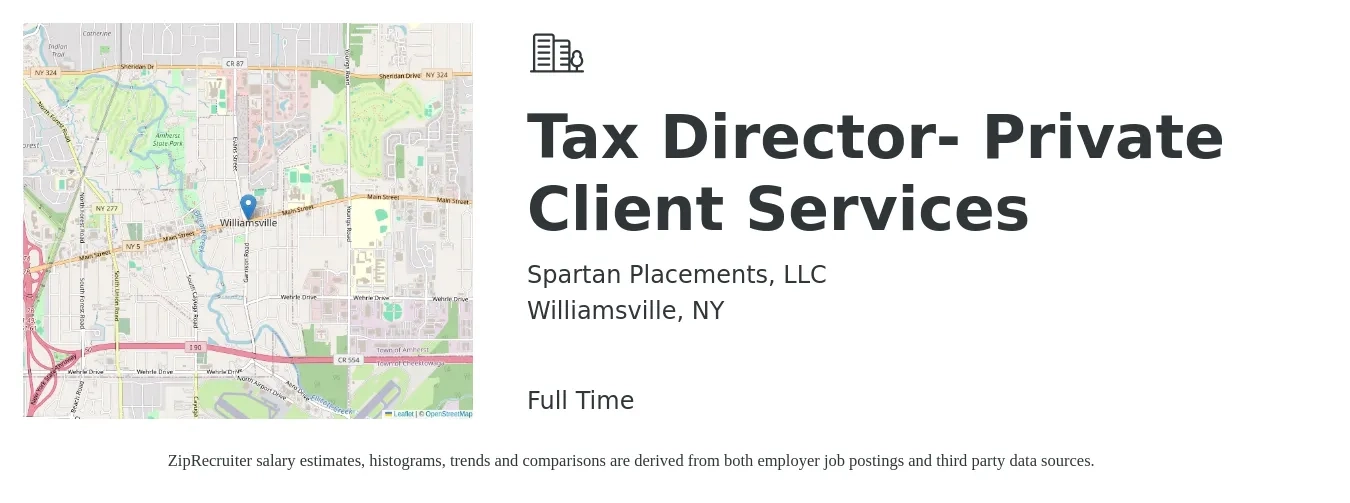 Spartan Placements, LLC job posting for a Tax Director- Private Client Services in Williamsville, NY with a salary of $120,900 to $161,000 Yearly with a map of Williamsville location.