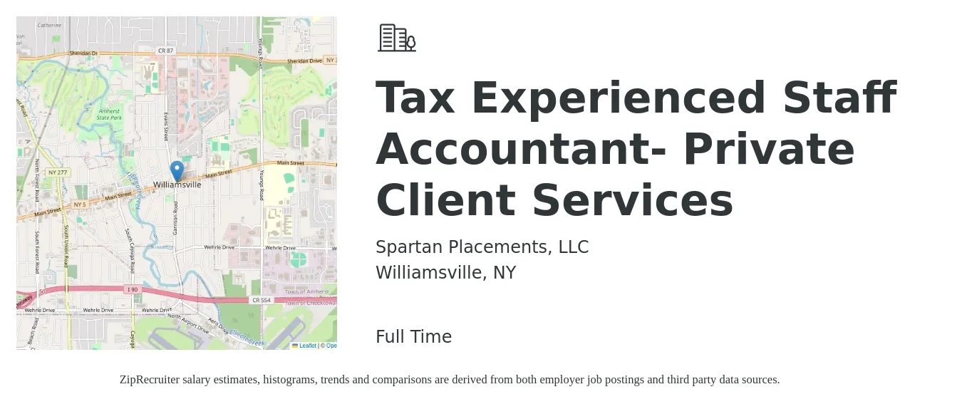 Spartan Placements, LLC job posting for a Tax Experienced Staff Accountant- Private Client Services in Williamsville, NY with a salary of $52,900 to $70,700 Yearly with a map of Williamsville location.