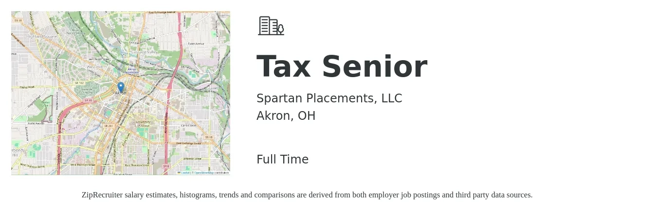 Spartan Placements, LLC job posting for a Tax Senior in Akron, OH with a salary of $87,100 to $137,800 Yearly with a map of Akron location.