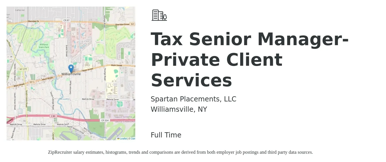 Spartan Placements, LLC job posting for a Tax Senior Manager- Private Client Services in Williamsville, NY with a salary of $83,000 to $131,400 Yearly with a map of Williamsville location.